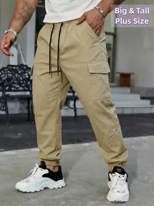 Plus Size Men's Multi-Pocket Cargo Pants, Loose Fit, Casual Fit Bottoms, Solid Color Casual Big and Tall Trousers, Men's Loose Drawstring Long Pants, Suitable for All Seasons