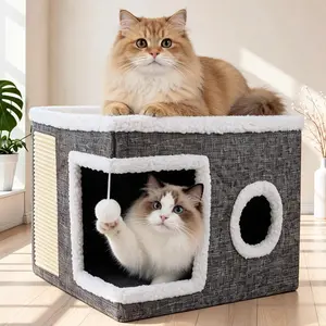 Large Cat Bed for Indoor Cats, Soft Foldable Cat Cave Hideaway for Kittens & Adult Cats with Sisal Scratch Pad & Hanging Fluffy Ball, 16.5"x16.5"x14", grey