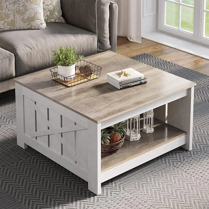 YITAHOME Farmhouse Coffee Table with Storage Rustic Wood Cocktail Table,Square Coffee Table for Living Meeting Room with Half Open Storage Compartment