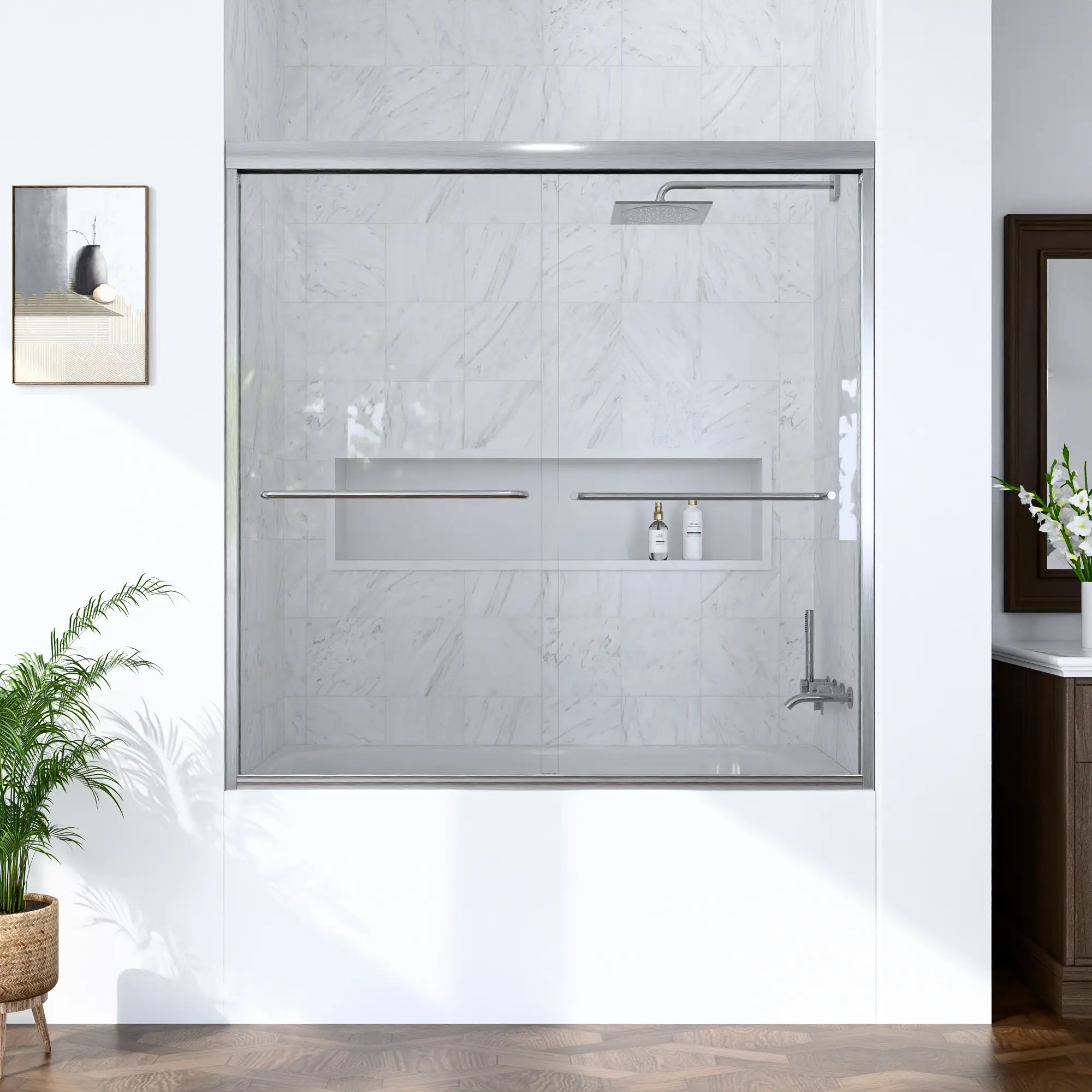56-60 Inch Wide x 60 Inch High Semi-Frameless Double Sliding Bypass Shower Door with 1/4 Inch (6mm) SGCC Tempered Glass and Brushed Nickel Finish for Modern Bathroom Enclosure, Bathtub Shower Door, Walk-In Shower, Shower Room