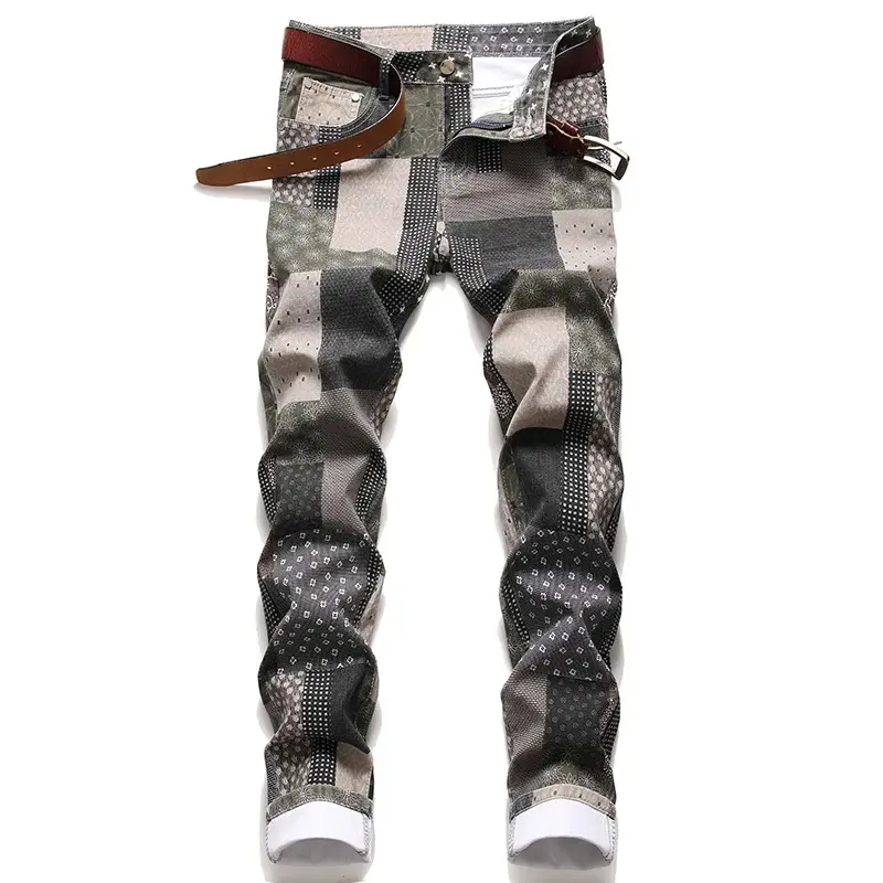 Men's Slim Fit Stretch Denim Jeans - Colorful Plaid Patchwork, Straight Leg, Streetwear Menswear Trousers