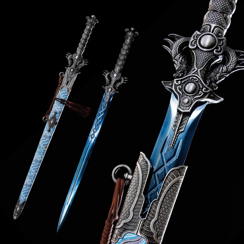 Handmade Chinese Sword - Full Tang Dynasty - Heat-Treated Blade, Blue Dragon Handle - Authentic Ancient Chinese - Collector'S Display or Martial Arts Training - Luxury Sword Sheath - Historical Replica - Ideal Gift for Martial Arts &