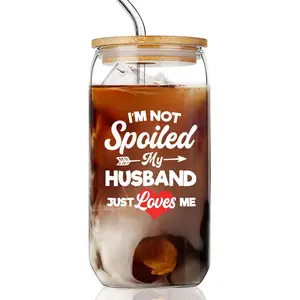 16oz Iced Coffee Glass Cup Set with Straw & Brush, Drinkware, Reusable Glass Cup, Perfect Valentine's Day Gift for Wife, Ideal Anniversary or Wedding Present, Coffee & Milk Tea Cups