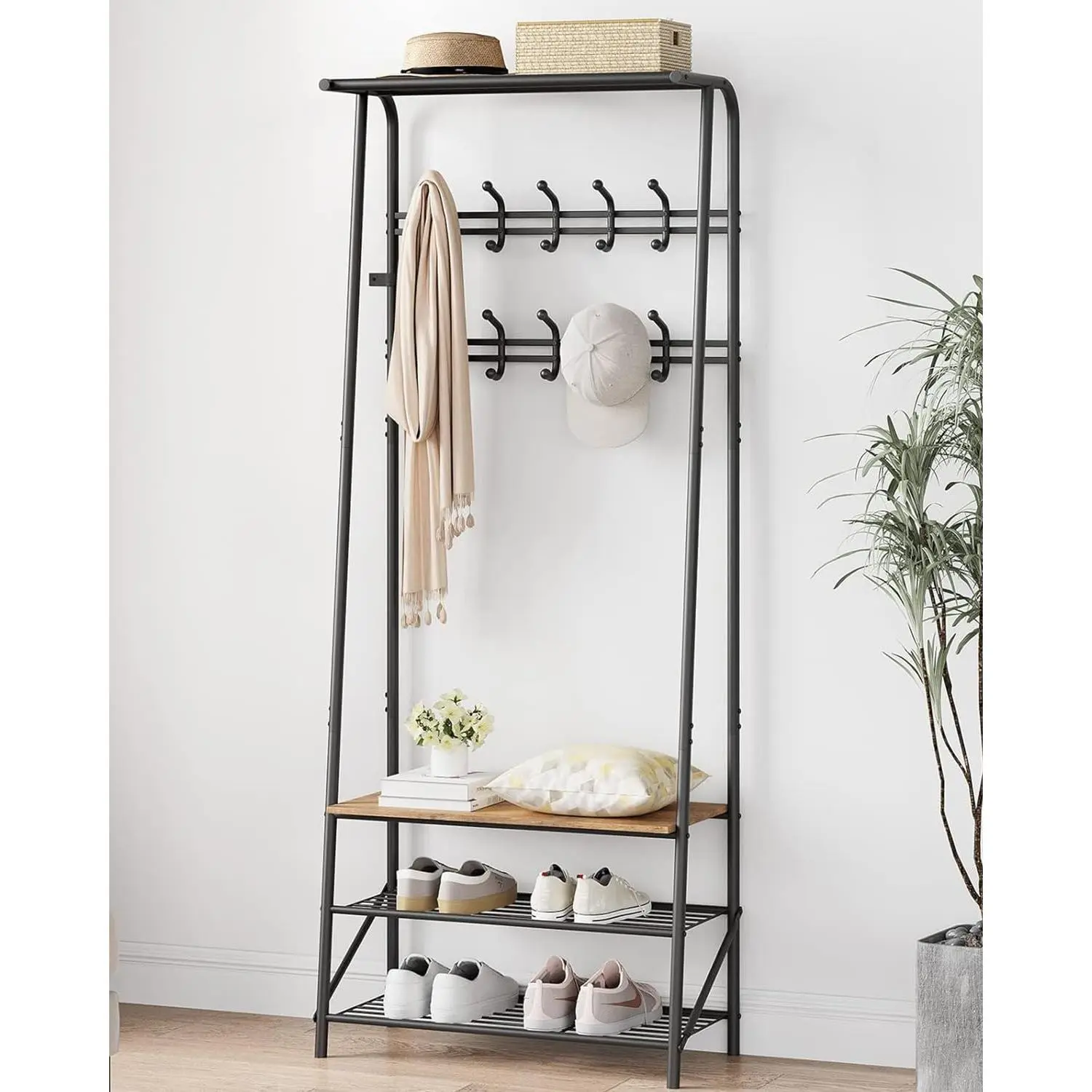 Garvee Entryway Coat Rack with Bench and 3-Tier Shoe Storage, Metal Frame Hall Tree with 8 Hooks for Organized Hallway and Entryway