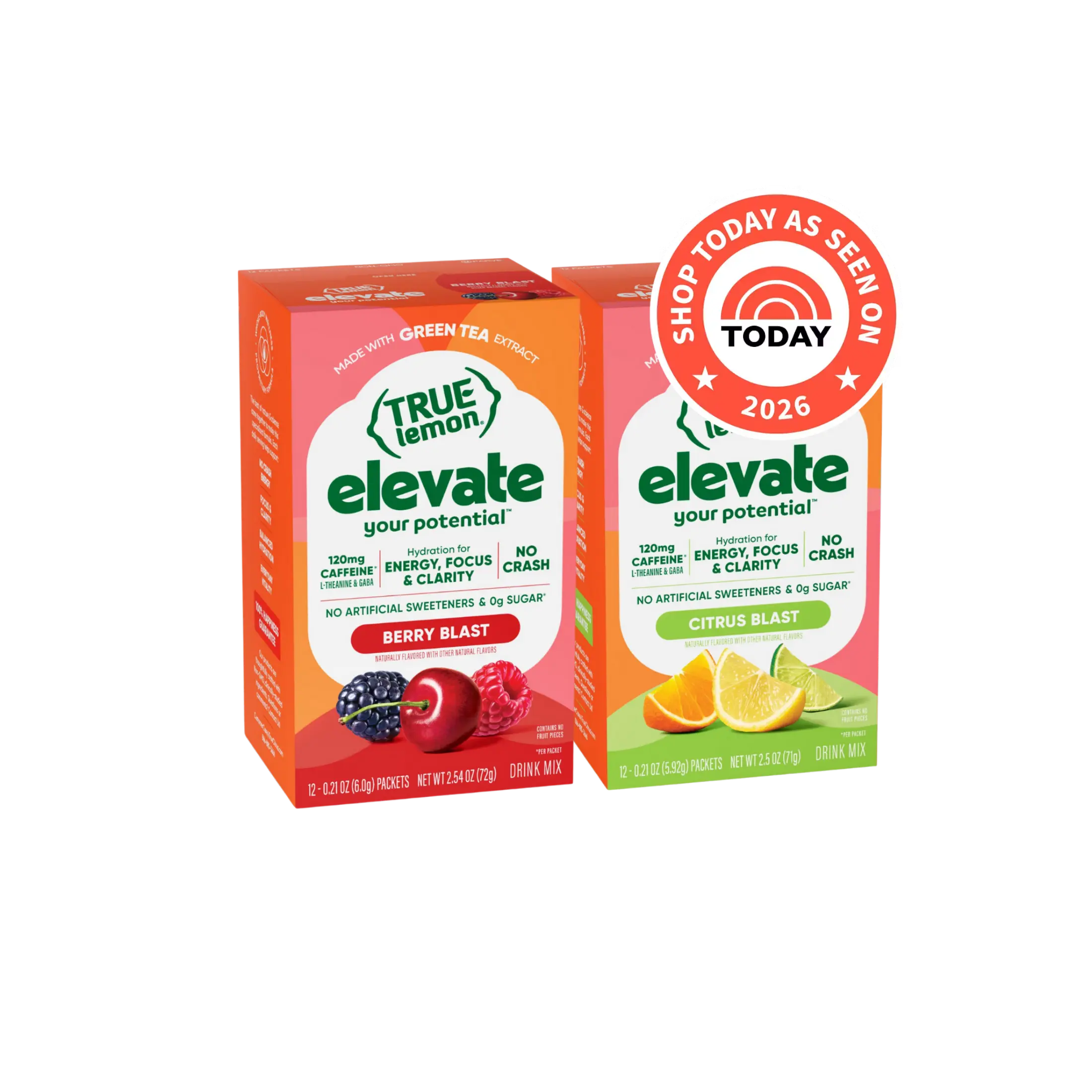 True Lemon Elevate Energy Drink Mix Bundle | Green Tea Caffeine + Electrolytes | 0g Sugar, 2 Flavors