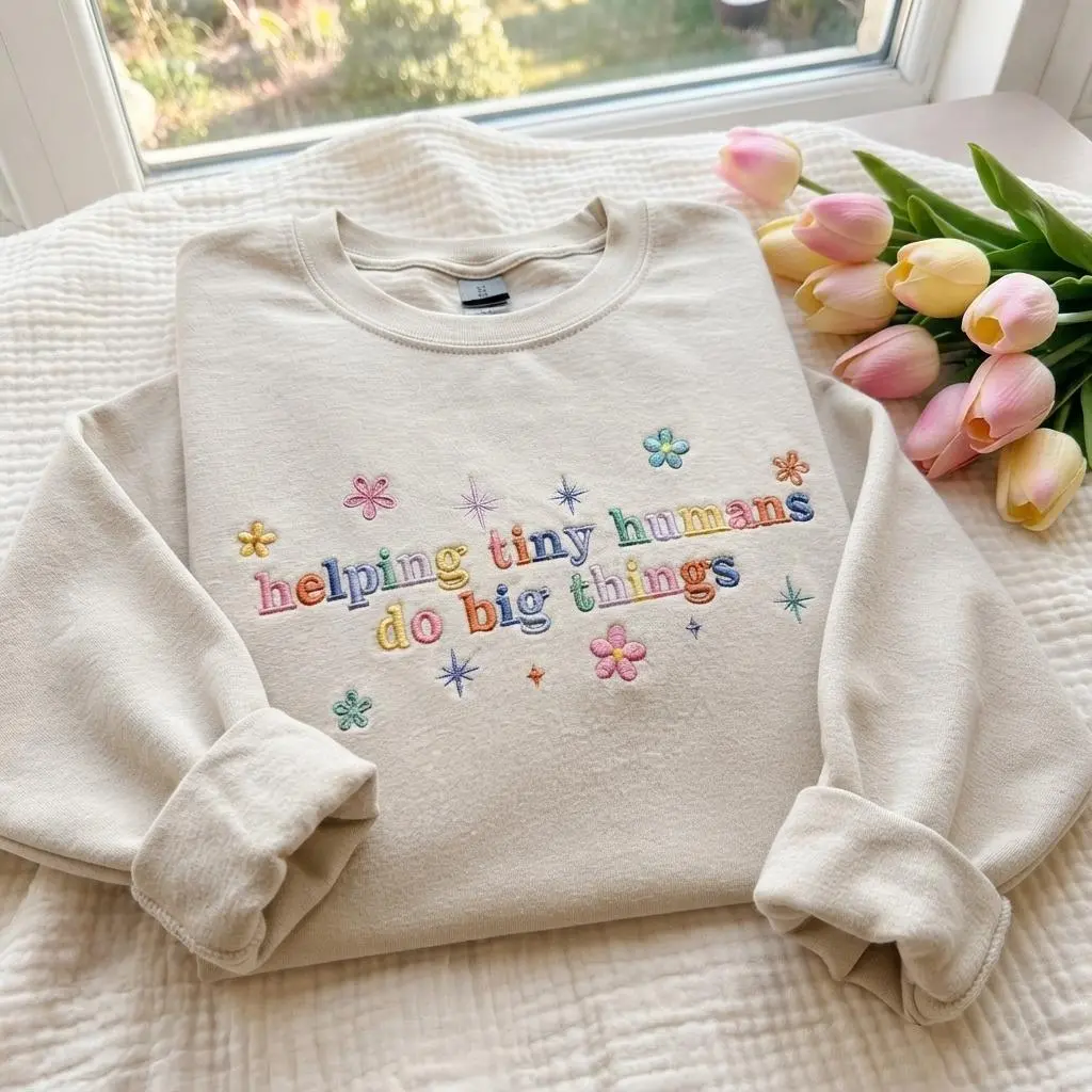[Made in US] Embroidered Helping Tiny Humans Do Big Things Shirt, Teacher Sweatshirt, Inspirational Teacher Tee, Kindergarten Teacher Shirt, Preschool Teacher Gift, Educator Appreciation Apparel
