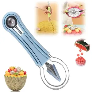 4 In 1 Stainless Steel Fruit Carving Tools & Melon Baller Scoop Set, Perfect Tools for Making Fruit Shapes Blue