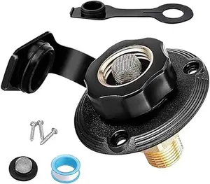 City Water Inlet with Brass Check Valve, 3/4" NH Female to 1/2" NPT Male Camper Fresh Water Fill Inlet Replacement, Lead-Free Water Connection with Dust Plug for Trailer Hose Connector.