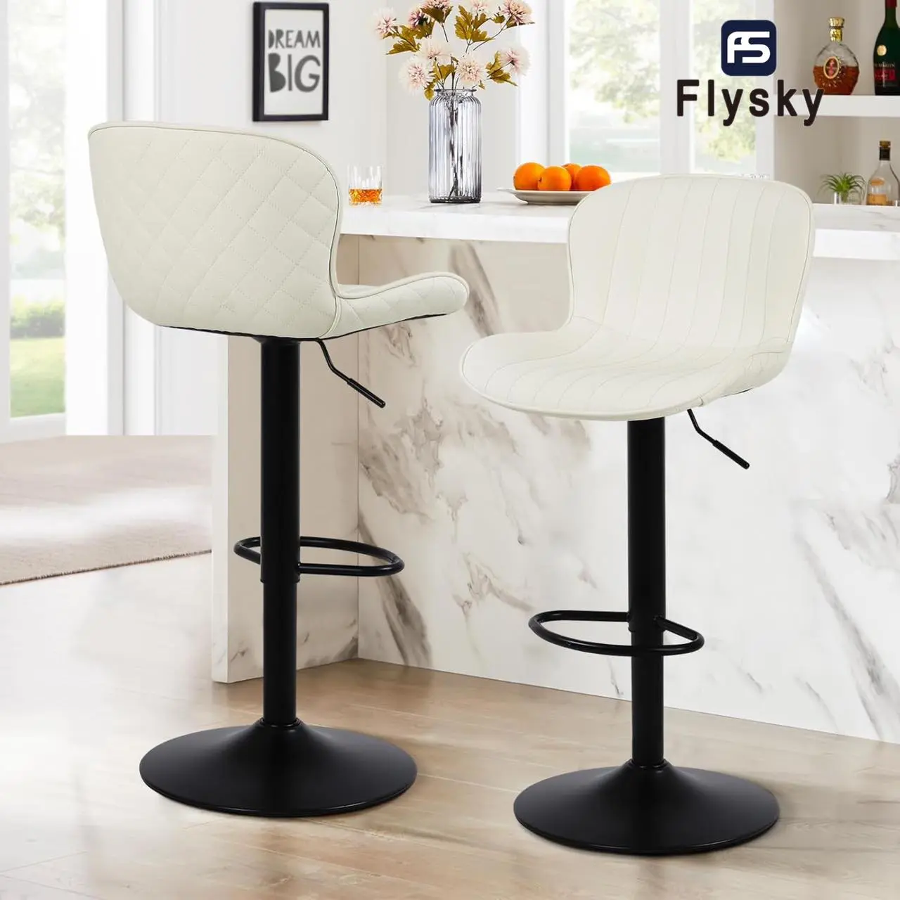 FlySky 360-Swivel Counter Height Barstools - 17.72" Round Large Base, Faux PU Leather, Armless, Adjustable Back Pad, Minimal Modern Interior Design Furniture for Home Kitchen-Bar Decor, Counter Height Chairs