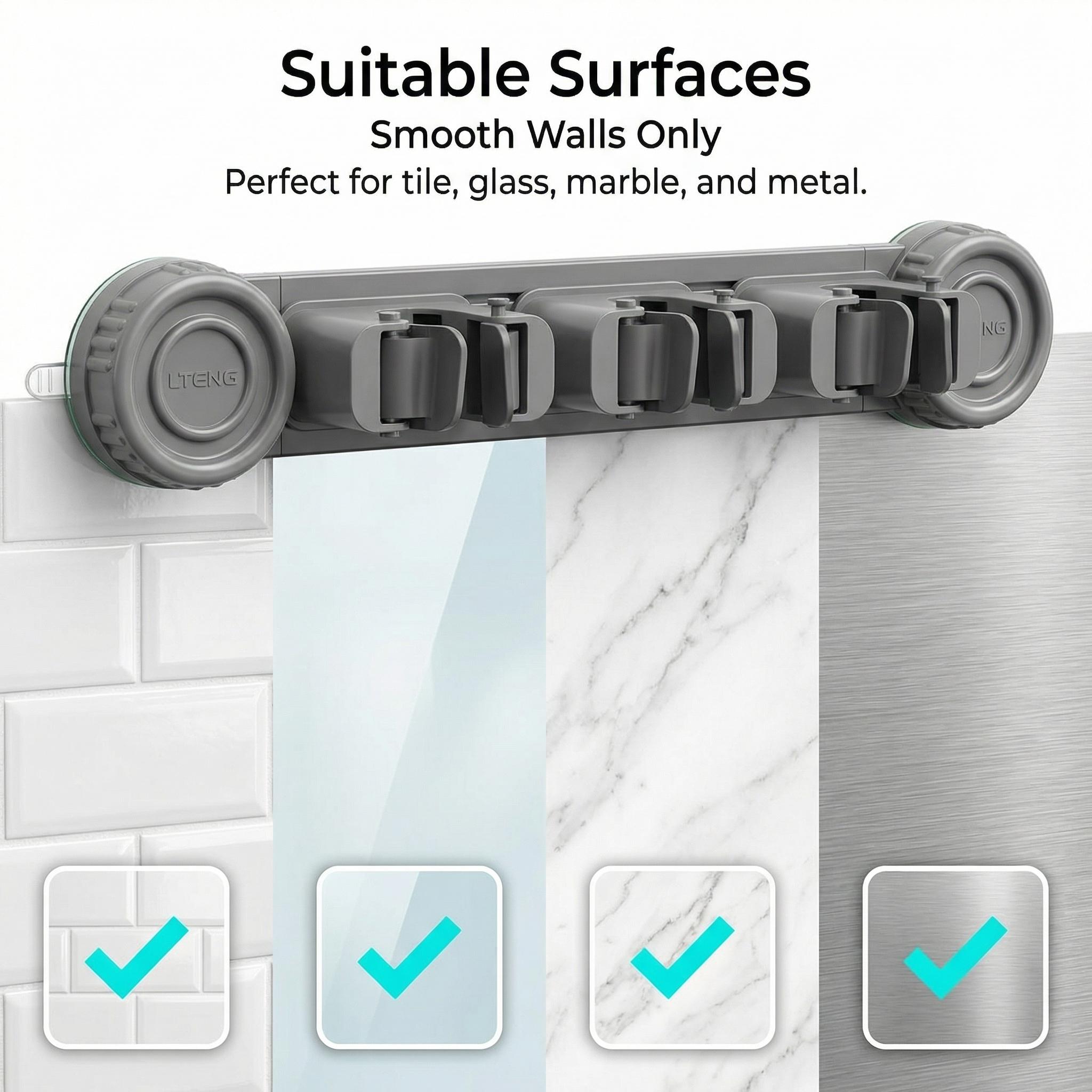 No Drill Suction Cup Mop Holder, Heavy Duty 10KG Space Aluminum Broom Organizer with Hooks, Wall Mounted Damage-Free Storage Rack for Bathroom Kitchen Laundry Room