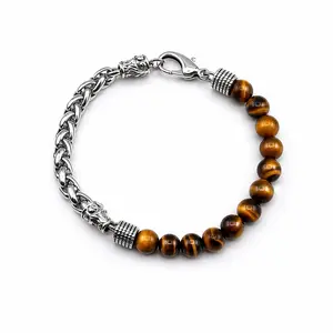 Tiger Eye Stone Bracelet for Men, Stainless Steel Chain Beaded Bracelet, Minimalist Luxury Jewelry, Adjustable Wrist Bracelet