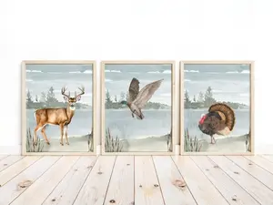 Watercolor Hunting Nursery Deer Turkey Mallard Duck Little Boys Room Rustic Outdoor Hunter Themed Decor Set of 3 Unframed Prints
