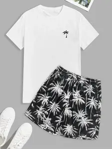 Men's Tropical Palm Tree Print Tee & Shorts Matching Set, Regular Fit Casual Round Neck Short Sleeve T-shirt & Shorts, Men's Summer Clothes for Beach Vacation