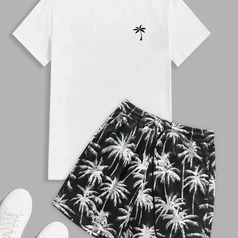 Men's Tropical Palm Tree Print Tee & Shorts Matching Set, Summer Outfit Set, Regular Fit Casual Round Neck Short Sleeve T-shirt & Shorts, Men's Summer Clothes for Beach Vacation, Menswear