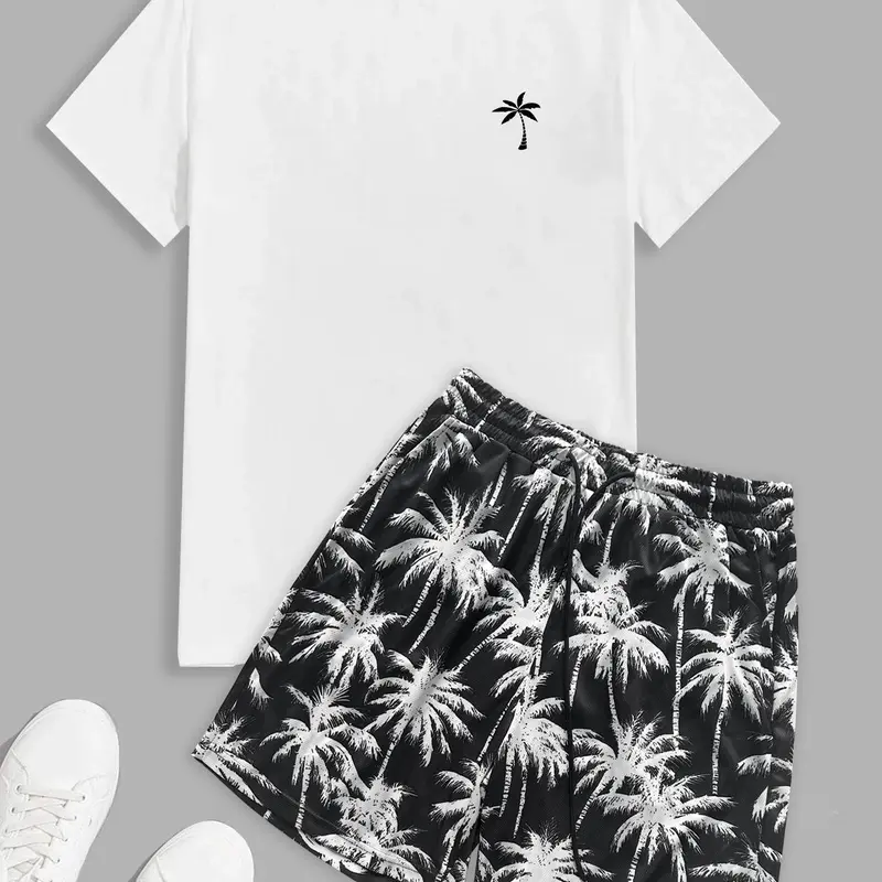 Men's Tropical Palm Tree Print Tee & Shorts Matching Set, Summer Outfit Set, Regular Fit Casual Round Neck Short Sleeve T-shirt & Shorts, Men's Summer Clothes for Beach Vacation, Menswear