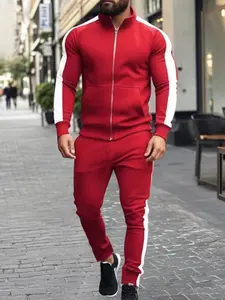 Men's Contrast Streetwear Tracksuit Set - Zip - Up Jacket with Pockets, Jogger Pants, Ribbed Cuffs, Athletic Fit. Perfect for Transitioning from Intense Gym Sessions to Casual Urban Adventures. Active Wardrobe with Bold Contrast & Functional Style