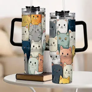40oz Cute Cartoon Cat Pattern Insulated Flask - 304 Stainless Steel Vacuum Travel Tumbler with Handle & Straw Lid, Leakproof Hot & Cold Drink Mug for Women, Office, Flasks