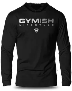 047. Gymish Lifestyle Lightweight Workout Long Sleeve Hooded Gym T-shirt for Men Cotton Menswear