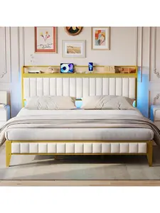 Gold King size bed  Full/Queen/King Size Bed Frame With Charging Station, LED Bed Frame With Storage Headboard, Upholstered Platform Bed Frame, No Box Spring Needed, Easy Assembly(Gray/Gold/Black)