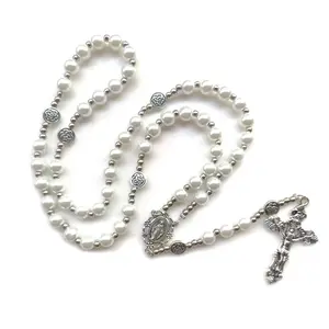 White Glass Rosary Necklace Cross Pendant Beads Strand Religious Jewelry For Men Women