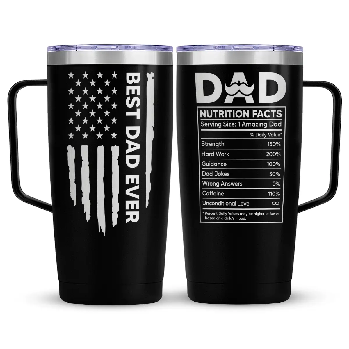 Sandjest Dad Nutrition Facts 20oz Tumbler with Lid & Handle, Stainless Steel Vacuum Travel Coffee Cup, Husband Men Gift on Father's Day Christmas