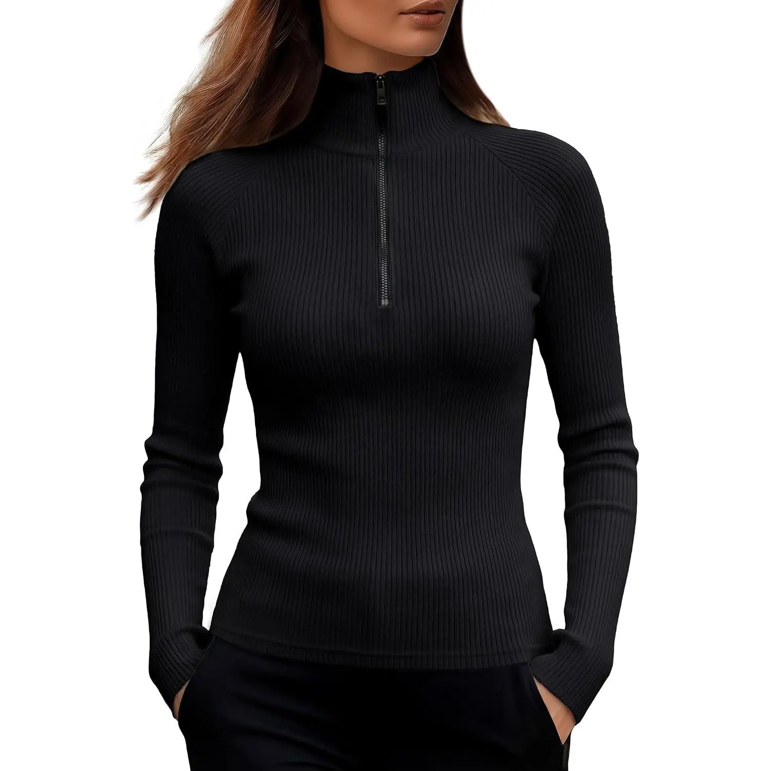 ANRABESS Long Sleeve Shirts for Women Quarter Zip Ribbed Top | Slim Fitted Mock Neck Knit Tops, Soft Lightweight Sweaters, Everyday Work Fall Winter Layering Tee