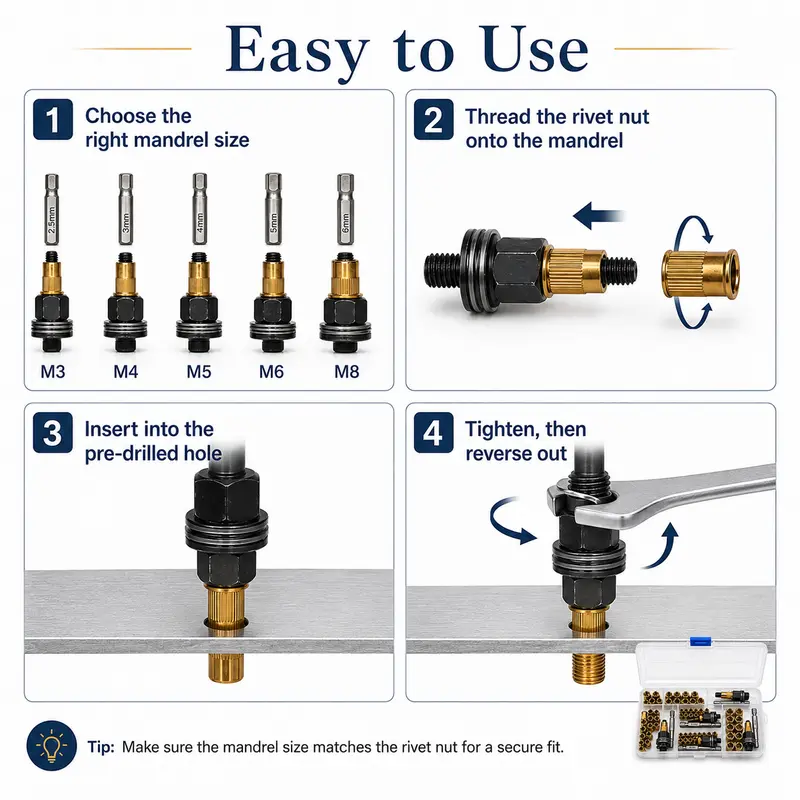 Four step guide for choosing mandrel threading rivet nut inserting into hole and setting the insert