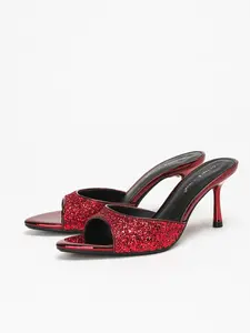 Red Glitter Mule Heels | Open Toe Stiletto Slippers | Sparkly Party Shoes,Sequined Mule High Heels, Toe-Exposed Thin Strap Sandals, Sparkling Party Women's Shoes, Elegant Evening Footwear