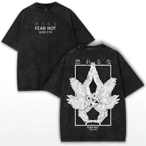 Men's Distressed Vintage Short-Sleeve Casual T-Shirt - Washed Oversized Unisex Menswear Streetwear Grunge T-Shirt with Jerusalem Cross, Medieval Christian "Fear Not" Faith Apparel for Father's Day Gift
