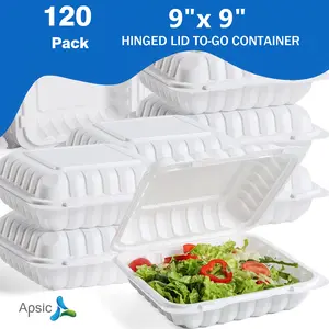 120 Pack 9"x9" Apsic To Go Food Containers - One Compartment Heavy Duty Clamshell Take Out Food Containers with Lids - Disposable Plastic Hinged Meal Prep Containers Boxes for Lunch - Microwave & Freezer Safe, White