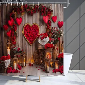 Thick Stainless Steel Decorative Valentine's Day Shower Curtain, Romantic Bathroom Decor with Red Roses, Hearts, Vintage Wheelbarrow & Lanterns, Rustic Farmhouse Valentine's/Wedding Decoration, Easy-to-Hang Metal Hooks Included