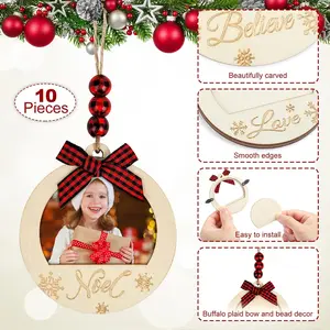 Christmas Picture Frame Ornament for Christmas Tree Stocking Decorations, 10PCS Bulk Wood Photo Hanging Ornaments Holiday Xmas Gift (Red and Black Buffalo Check) COCHIE