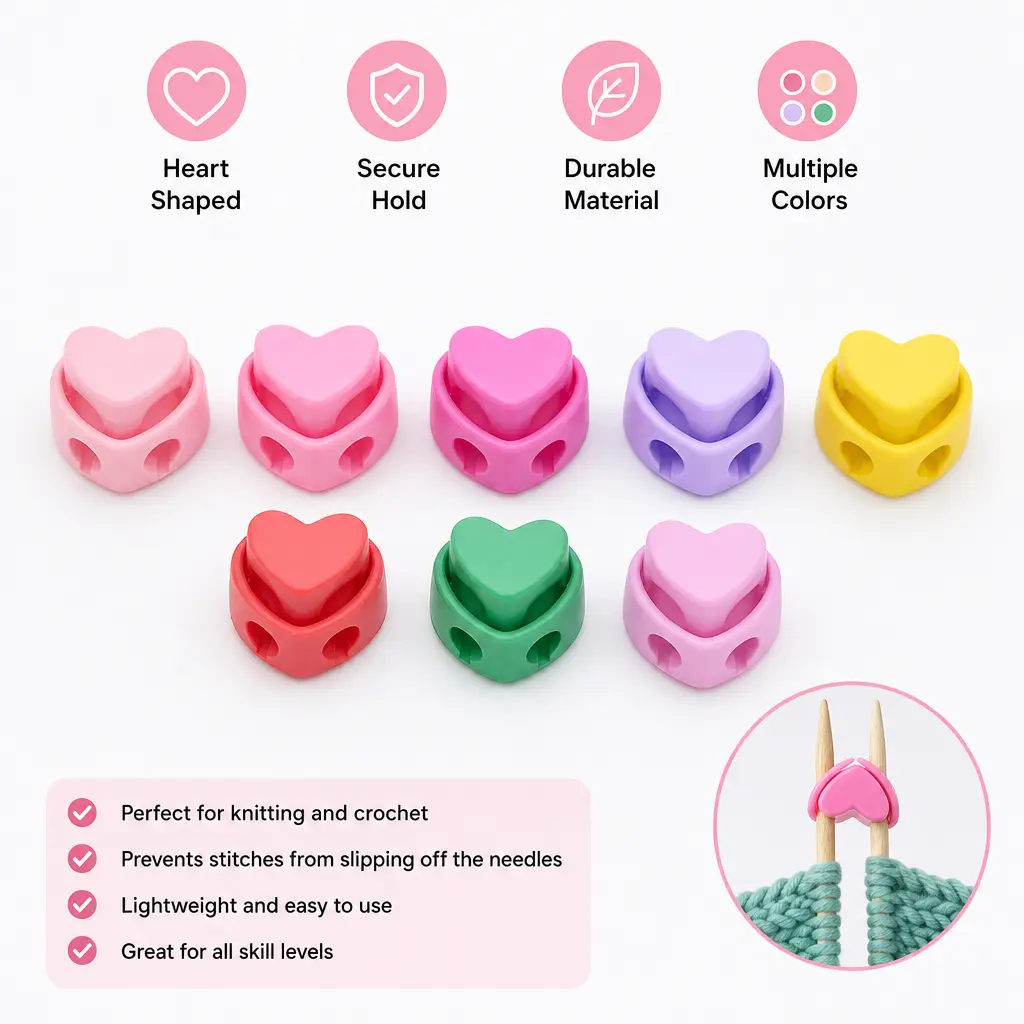 5-Count Heart Shaped Plastic Knitting Needle Stoppers, Colorful Stitch Holders, Heart Knitting & Crochet Haberdashery for Hand Sewing Craft Projects