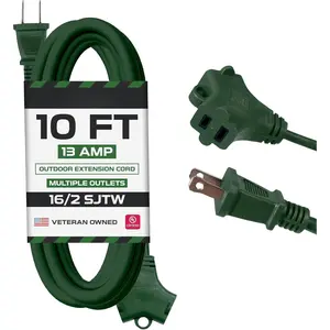 2 Prong Outdoor Extension Cord 10 ft with 2 Outlets - 16/2 SJTW, 13 Amp 10ft Green Extension Cord with Multiple Outlets - 16 Gauge Heavy Duty for Outside