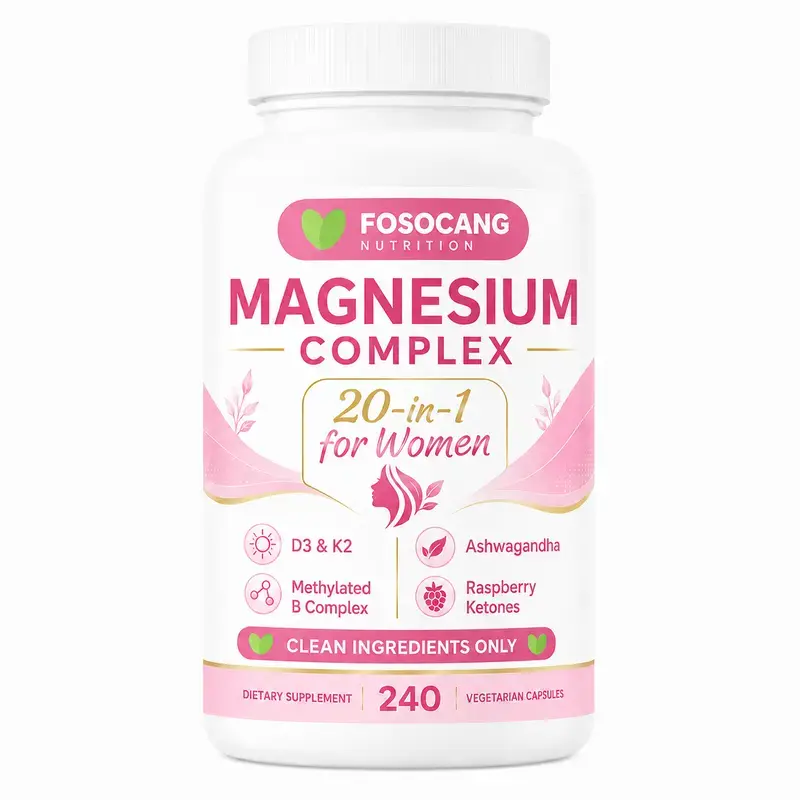 FoSoCang Magnesium Complex for Women, 240 Vegetarian Capsules | 20-in-1 Formula - Magnesium Blend with Vitamin D3, K2, Ashwagandha & More | Filler Free, Non-GMO / Healthcare,Dietary,Supplement,Edible,Bathroom,Optimum,Fitness