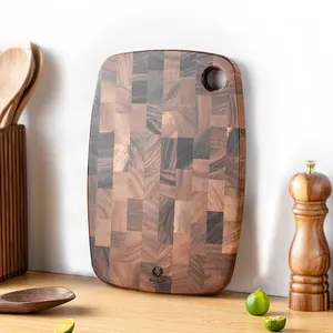 Bill.F Acacia Wood End-Grain Cutting Board, 13" x 9" Butcher Block with Hanging Hole, Rustic Wooden Chopping & Serving Board for Kitchen Prep & Charcuterie
