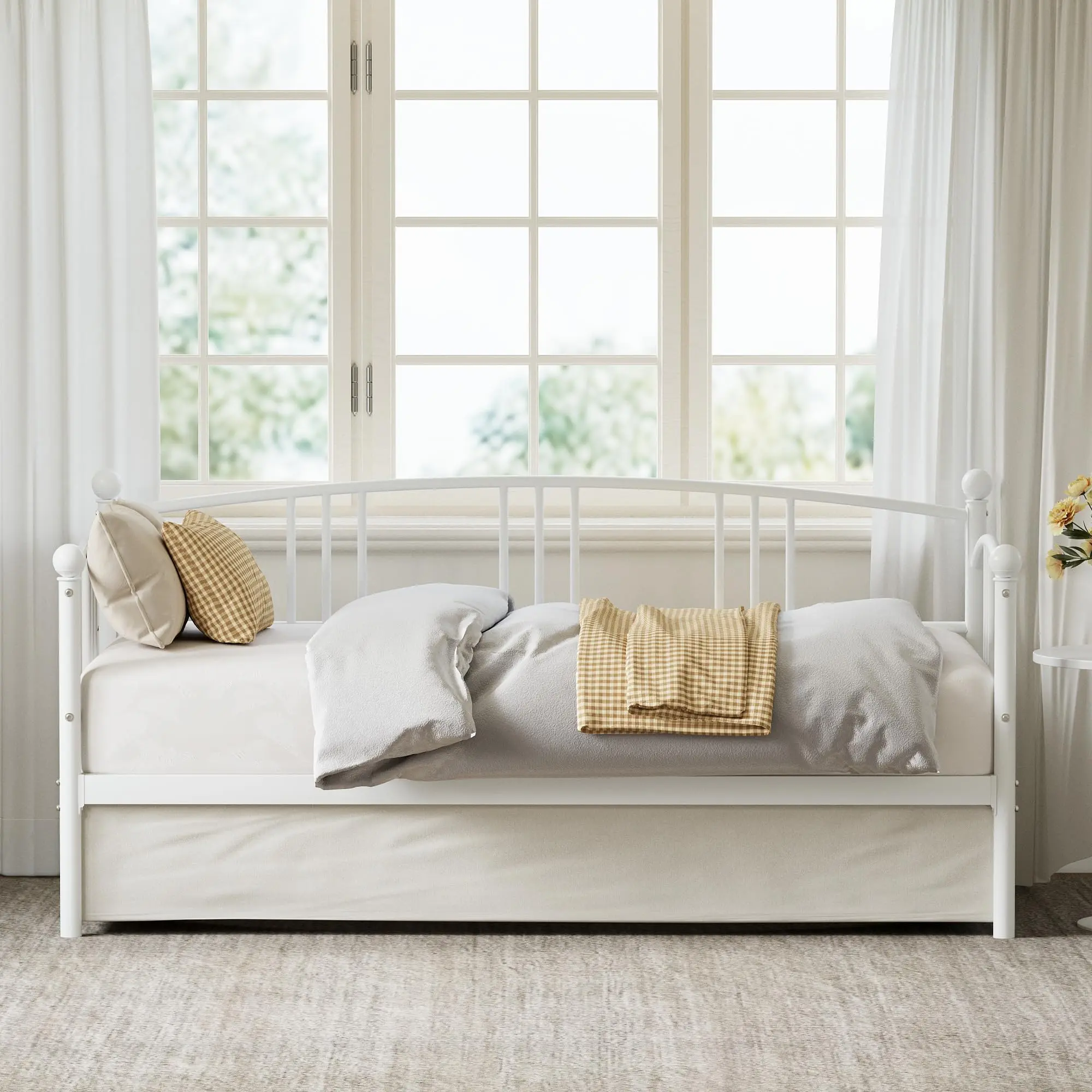 Twin Daybed, Sturdy Metal Day Bed with Steel Slat Support, Arched Headboard Sofa Bed for Living Room, Bedroom and Guest Room, White
