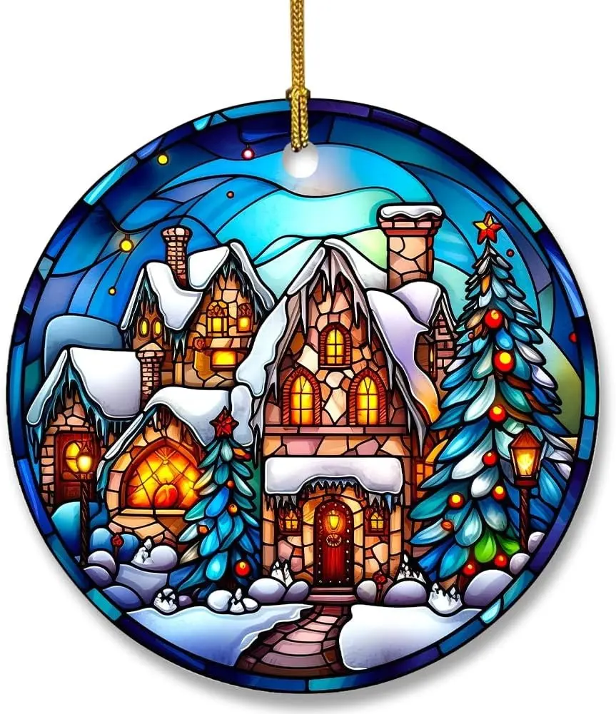 Christmas Hanging Ornament for Xmas Tree Decorations, Ceramic Ornament with Stained Glass Patterns, Vintage Snow House Ceramic Keepsake for Home Christmas Decors