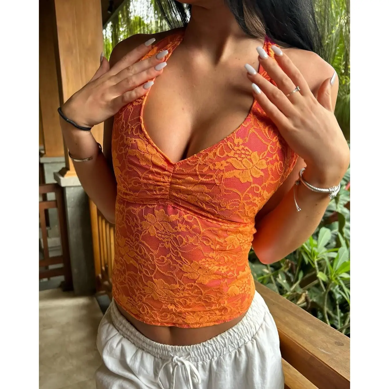 Women Floral Lace Halter Crop Top, Deep V Neck Front Ruched Slim Fitted Sleeveless Backless Camisole Y2K Coquette Aesthetic Tank Shirt for Club Beach, Daily Going Out