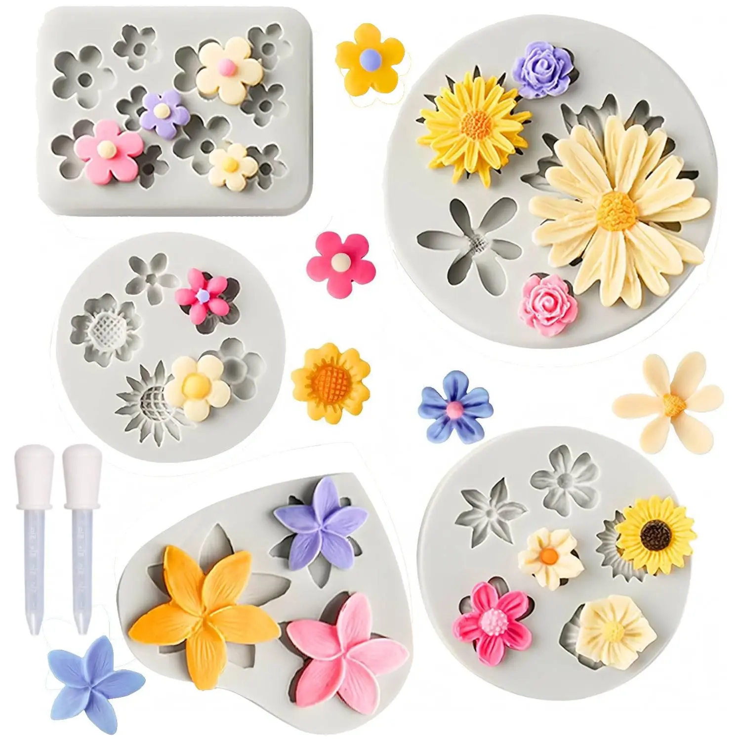 5-Pack Silicone Flower Fondant Molds – Non-Stick Daisy & Sunflower Chocolate Molds for Dessert Cake Decorating, Cupcake Toppers, Cake Pops & Candy Making