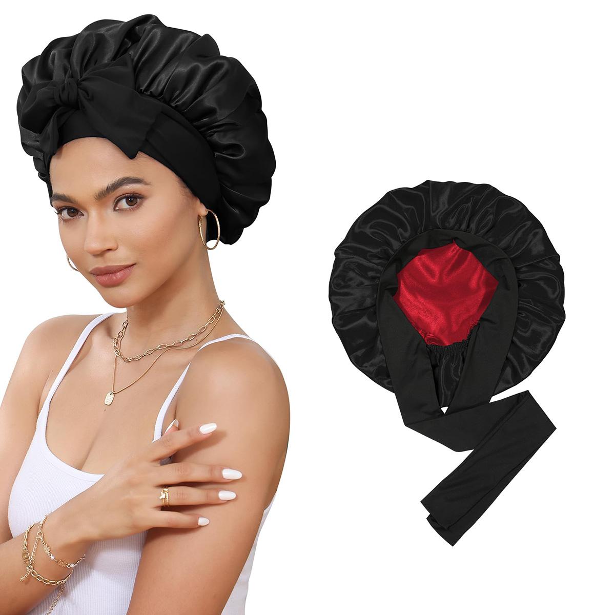 AWAYTR Satin Bonnet for Sleeping Silk-Like Sleep Cap Double Layer Hair Bonnet with Elastic Tie Band for Curly Hair Night Cap
