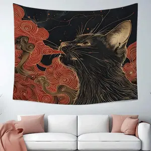 Asian Ukiyo Art Japanese Cat Swallowing Clouds Wave Fabric Fun Tapestry Wall Hanging With Accessories, Home Dormitory Bedroom Wall Decor Bedroom and living room decor, special gifts for family and friends, creating a wonderful atmosphere. Boho Shabby Chic