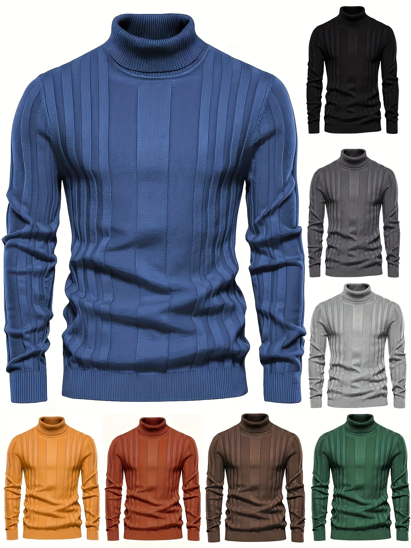 Men's Turtleneck Sweater, Ribbed Long Sleeve Knit Pullover for Work, Dates & Fall Winter Layering, Blue