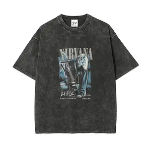 Retro Washed Black Nirvana T-Shirt, Featuring Iconic Kurt Cobain Guitar Print, Oversized Streetwear Tee, Durable Vintage Wash, Crew Neck Short Sleeve, Perfect for Rock Fans and Street Style Lovers.