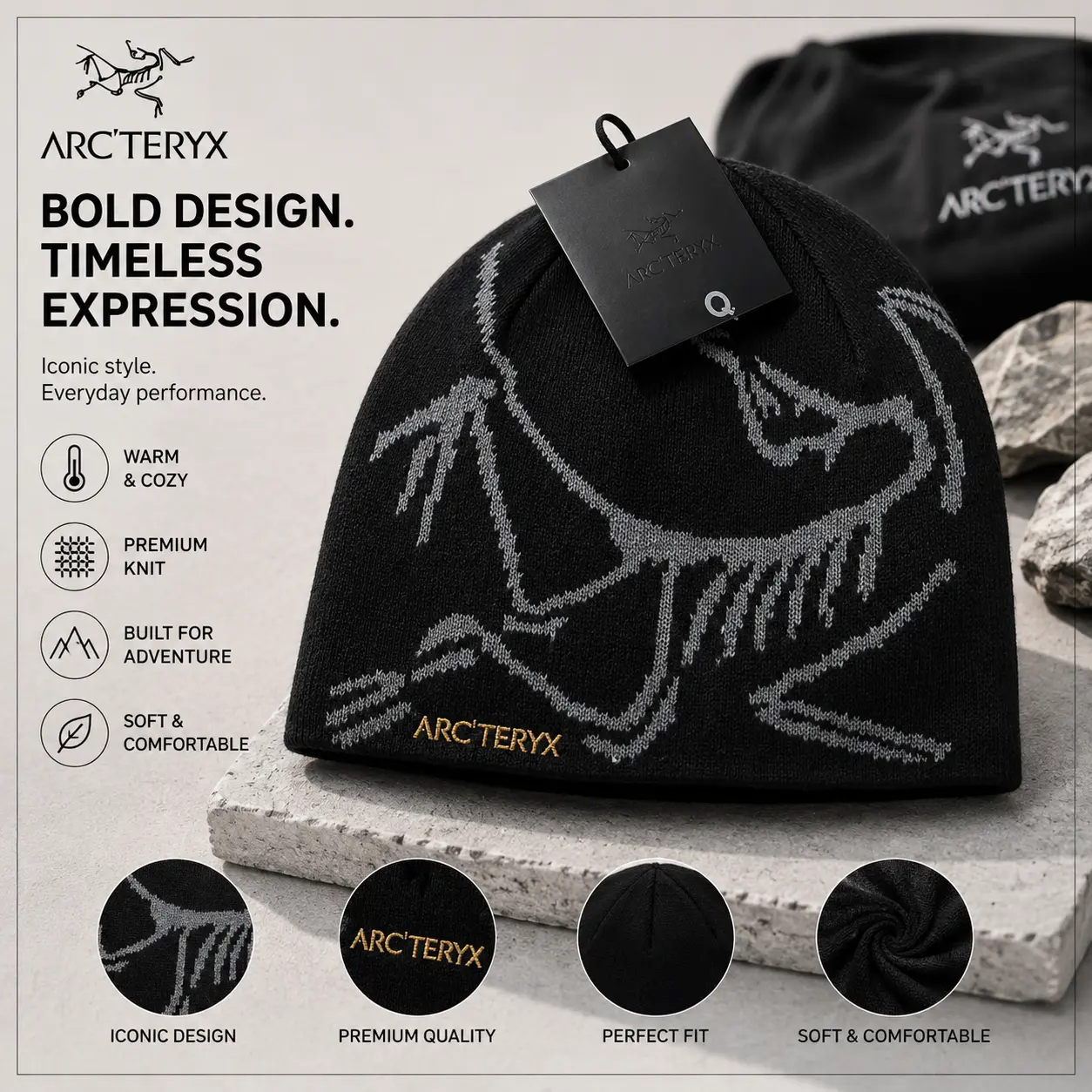 Arc'teryx Knit Winter Beanie Hat, Warm Soft Stretch Skull Cap for Men & Women, Iconic Graphic Cold Weather Hat for Skiing, Snowboarding, Hiking, Camping, Travel, Outdoor Adventure, Casual Fashion Streetwear & Everyday Wear