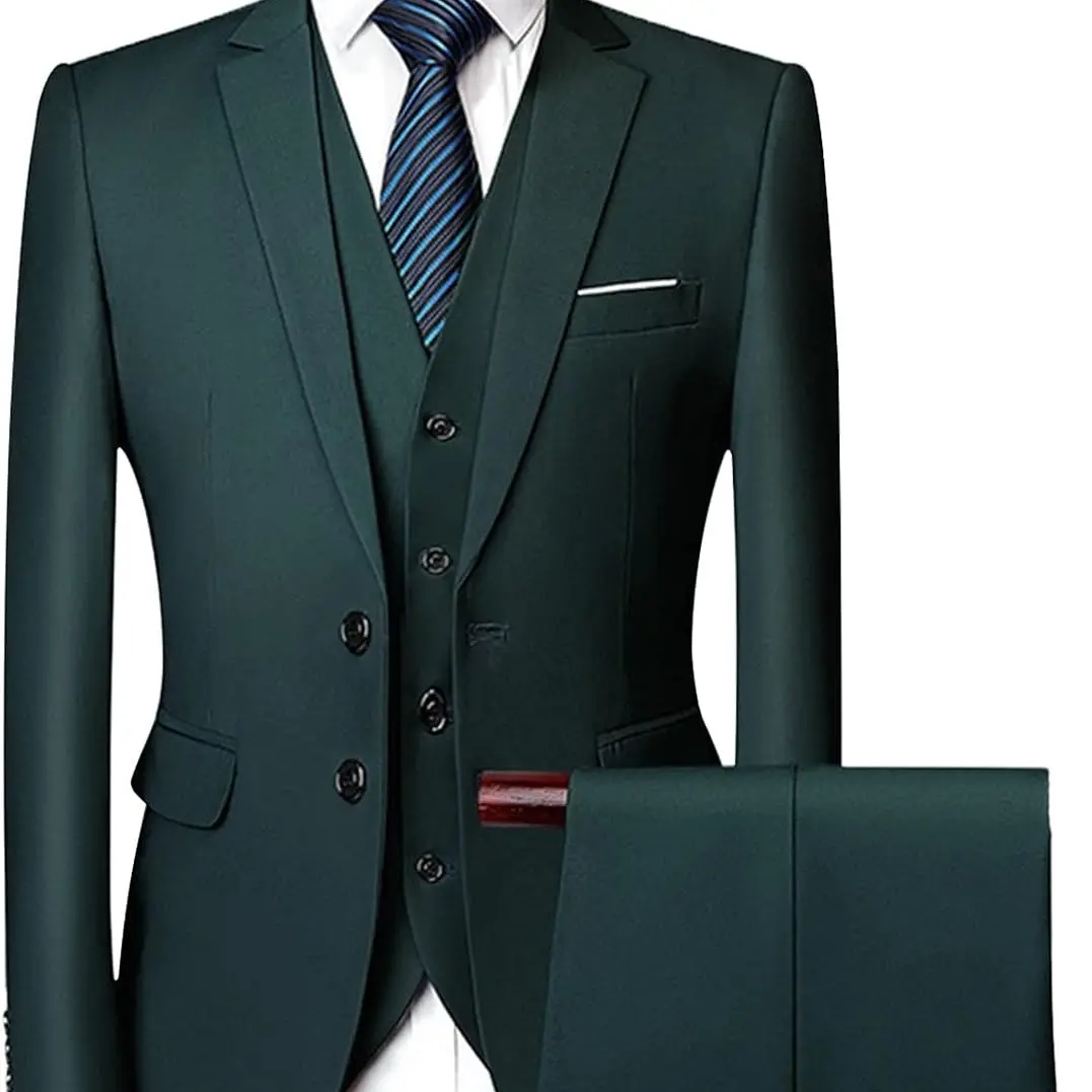 Mens 3 Pieces Luxury Slim Fit Suit 2 Button Business Solid Blazer Sets Casual Party Wedding Jacket Vest Pants Set.