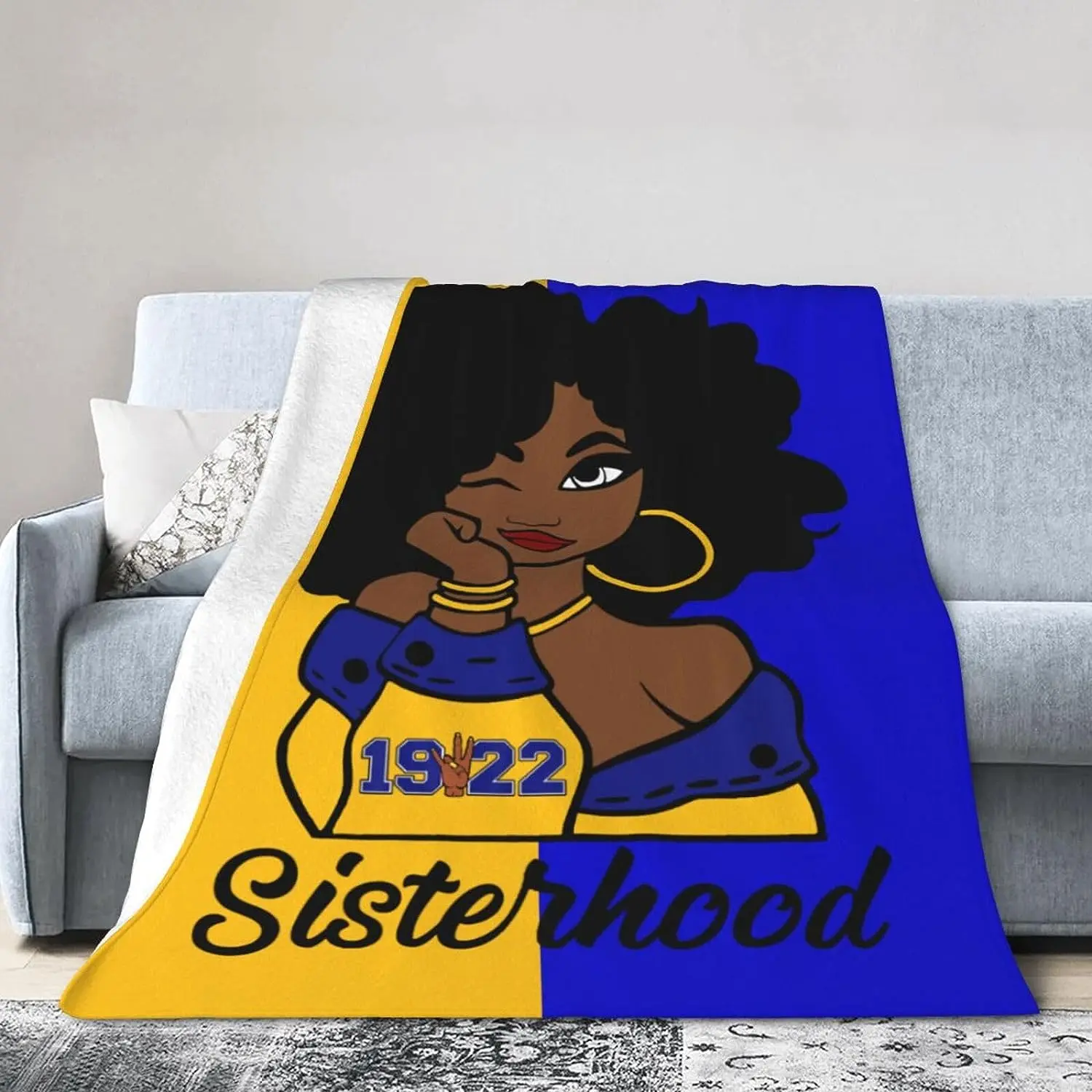 1pc Sigma Gamma Rho Women's Brotherhood Blue Yellow Retro Digital Printed Plush Flannel Blanket - 280GSM, Soft, Cozy, Lightweight, Wrinkle Resistant, Durable, Fade Resistant, Machine Washable, Contemporary Design, All Seasons Bedding Throw, Contemporary H