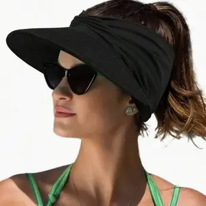 Womens Summer Visor Wide Large Brim UV 50+ Protection For Women Lightweight Pleated Beach Sports Pony Tail Sunblock Cap Hat