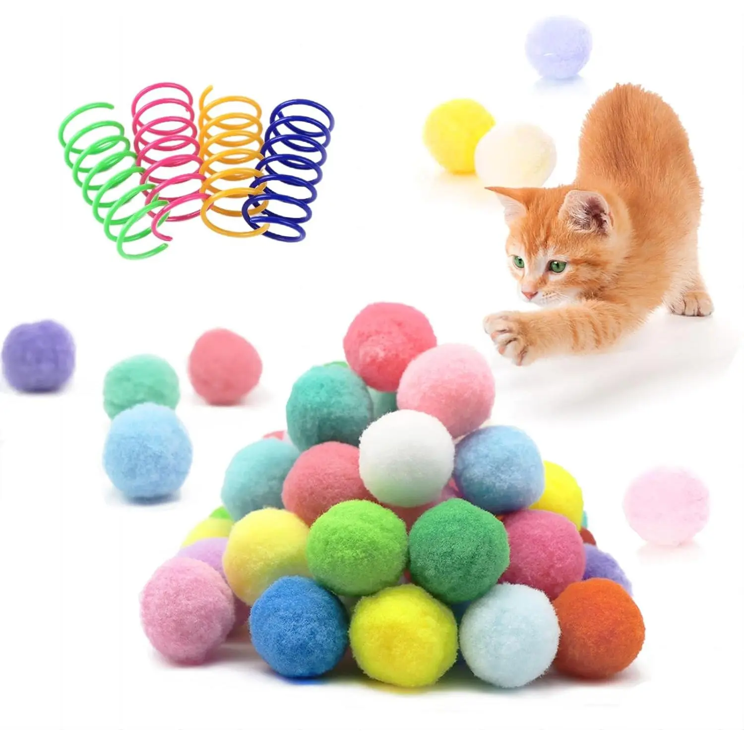 30 count  Silent  Pom Pom Balls, Interactive Lightweight Assorted Colors Fuzzy  Balls (1.2 inches), with 4 count  Spring  for Indoor Kitten Playing Exercising
