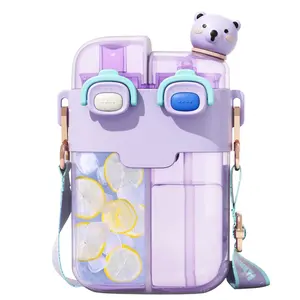 Cute Water Bottle for Kids: 26oz Kawaii Water Bottle for Girls, Funny Bear Water Bottles with Straw and Strap, Dual Compartments Leak-proof Plastic Drinking Cup for School Sport Travel (Purple)